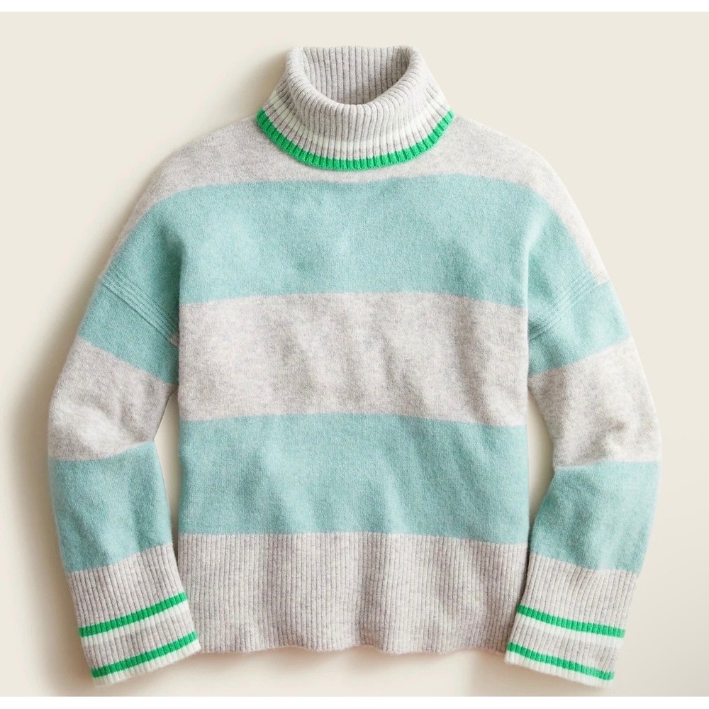 J CREW sweater Striped turtleneck Supersoft yarn Wool Alpaca Blend Gray Green XL